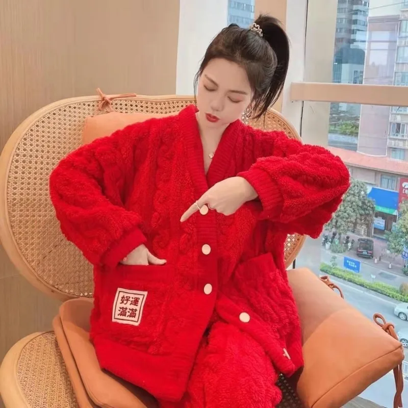 Extra Thick Coral Velvet Women Pajama Women Go Out To Wear Autumn and Winter Pajama Autumn and Winter Luck Full Nightgown 2025