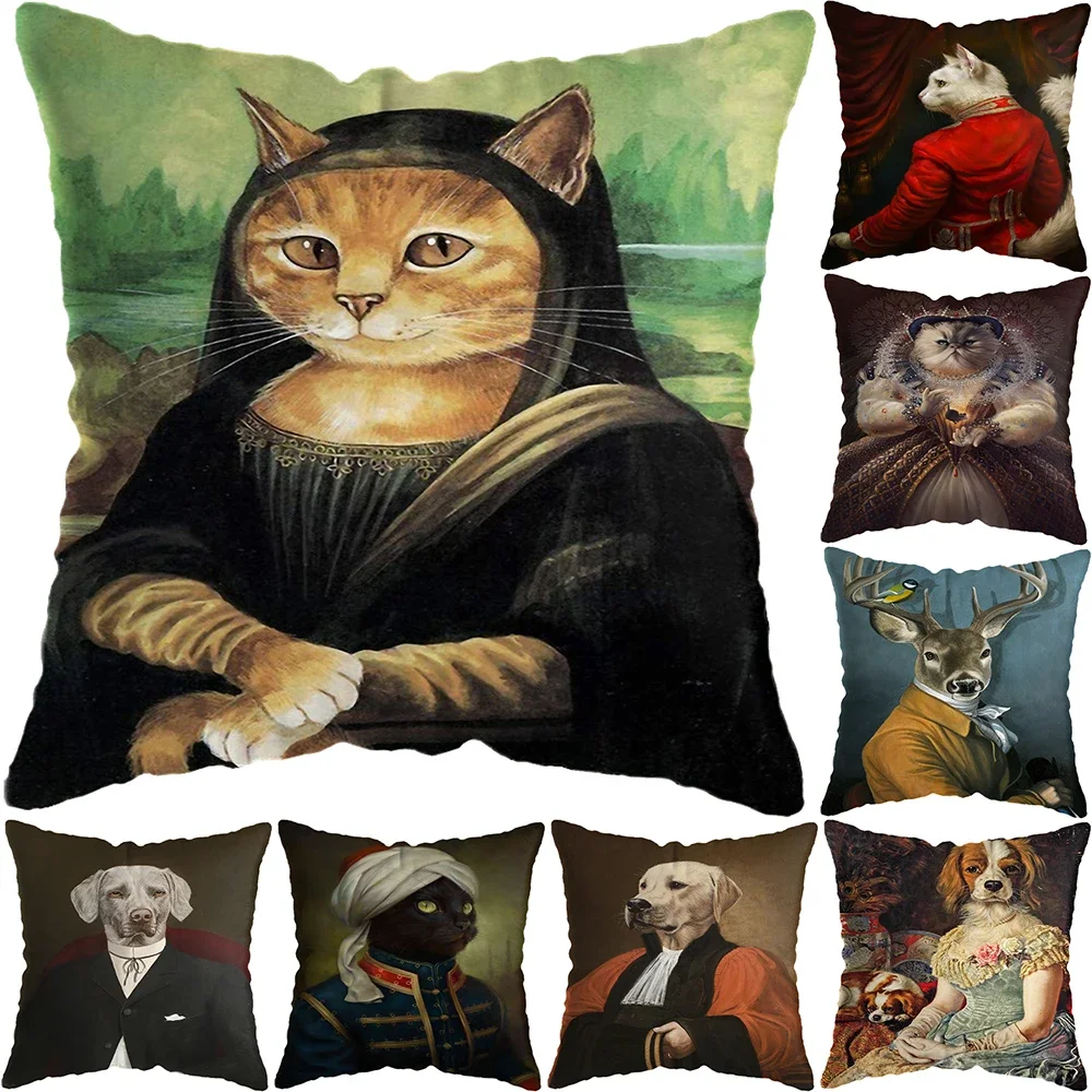 Vintage Painting Cat Dog Animal Pillow Cover Car Decor Cushion Home Sofa Bed