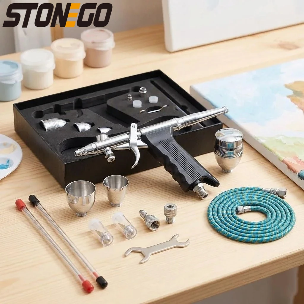 

Набор аэрографов двойного действия с иглами 0.3, 0.5, 0.8 мм, стаканами для краски 2, 5, 13 мл, аэрограф для ногтей, тортов и татуировок