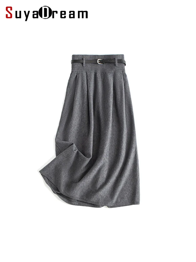 SuyaDream, Women Long Skirt, 32.4%Sheep Wool, High Waisted ,Solid Knitted Chic Skirts, 2024 Autumn Winter Warm Under Dress