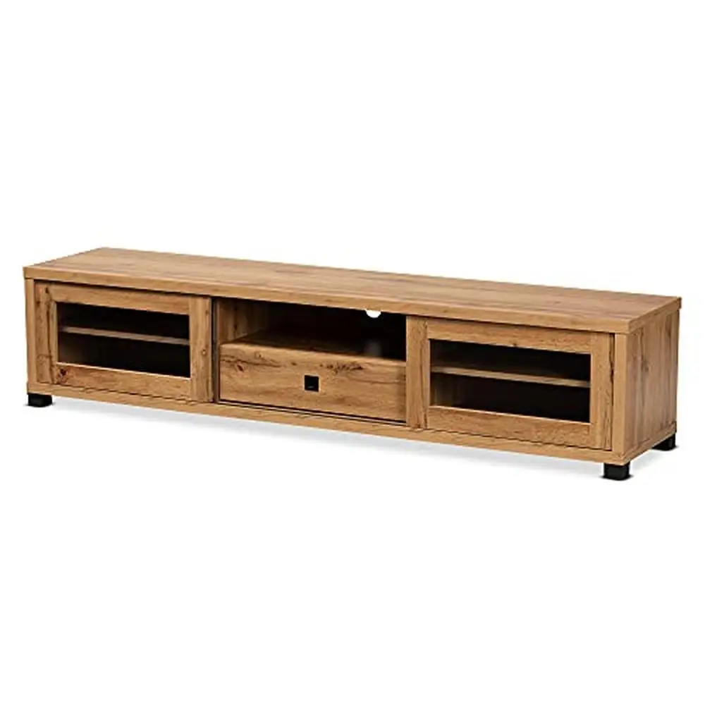 

Oak Brown/Black TV Stand 1 Drawer 4 Shelves Glass Metal Cord Hole Open Shelf Wood -Contemporary Design- Kit 70.87x15.6x15.75 in