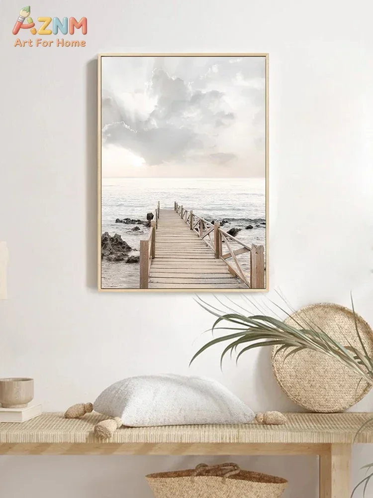AZNM Neutral Beach Pampas Grass Canvas Wall Art Set of 6 Boho Coastal Ocean Pier Dried Botanical Print Poster Beige Nature Livin