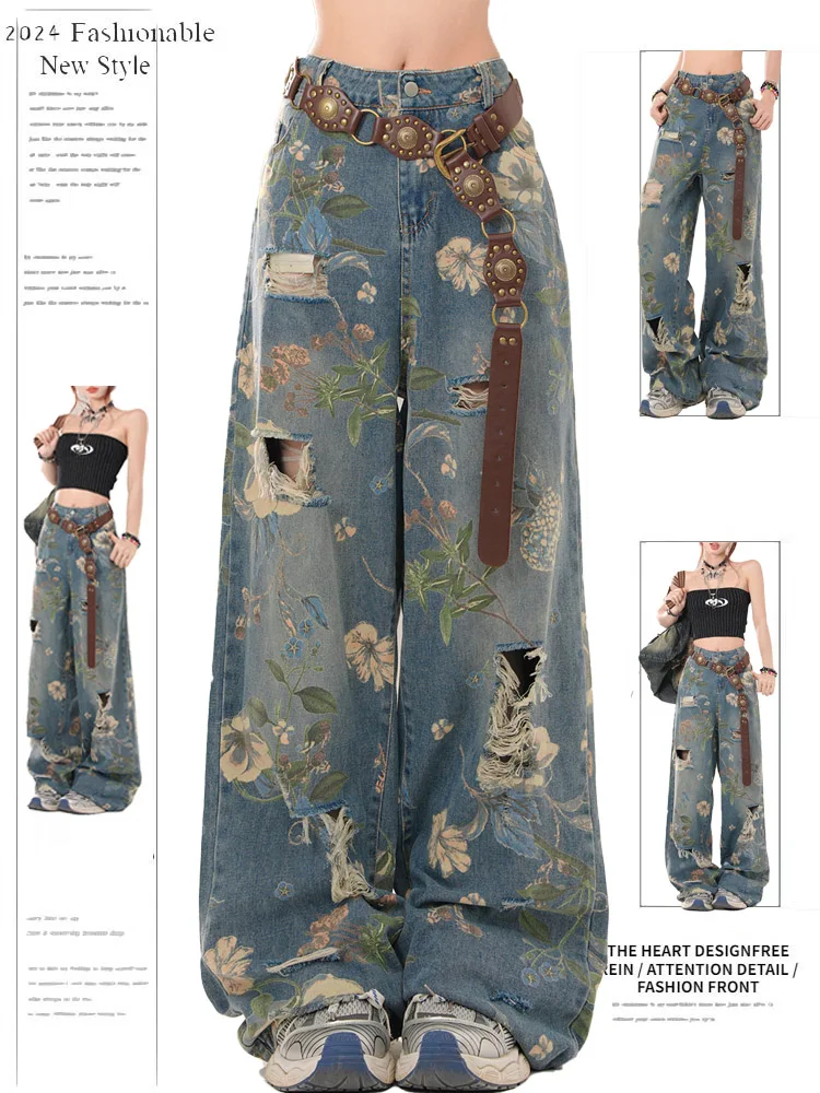 

Прямые джинсовые джинсы с ретро-принтом, женские летние свободные широкие брюки длиной до пола с высокой талией, новый дизайн