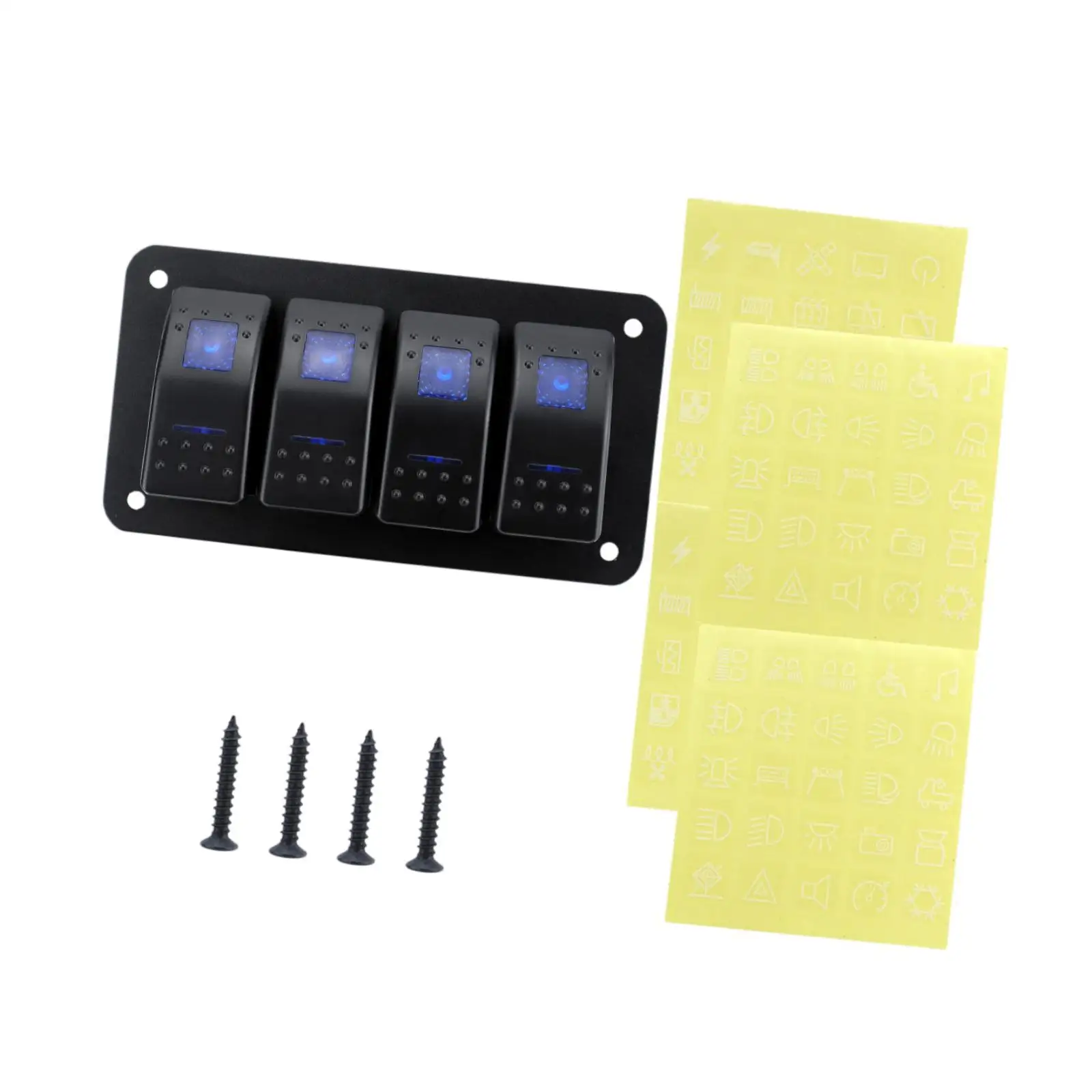 4 Gang Aluminum 12-24V Universal Rocker Switch Panel Blue Backlit Switch Toggle for Car Boat Vehicles RV Automotive