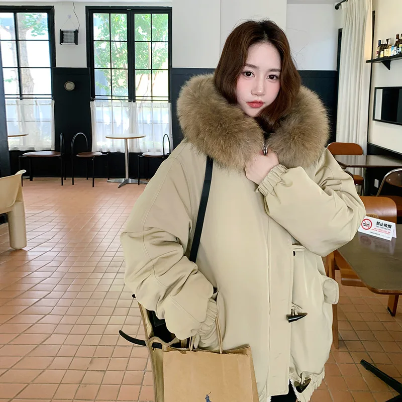 

Bull Horn Buckle Big Fur Collar Hooded Jacket 2025 New Women's Mid To Long Style, Korean Style Thickened Style To Overcome