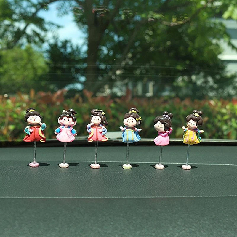 6PCS/Bag Cute Tang Dynasty Beauty Car Shaking Head Ornament Centre Console Dashboard Mirror Decor Electric Car Accessories Gifts