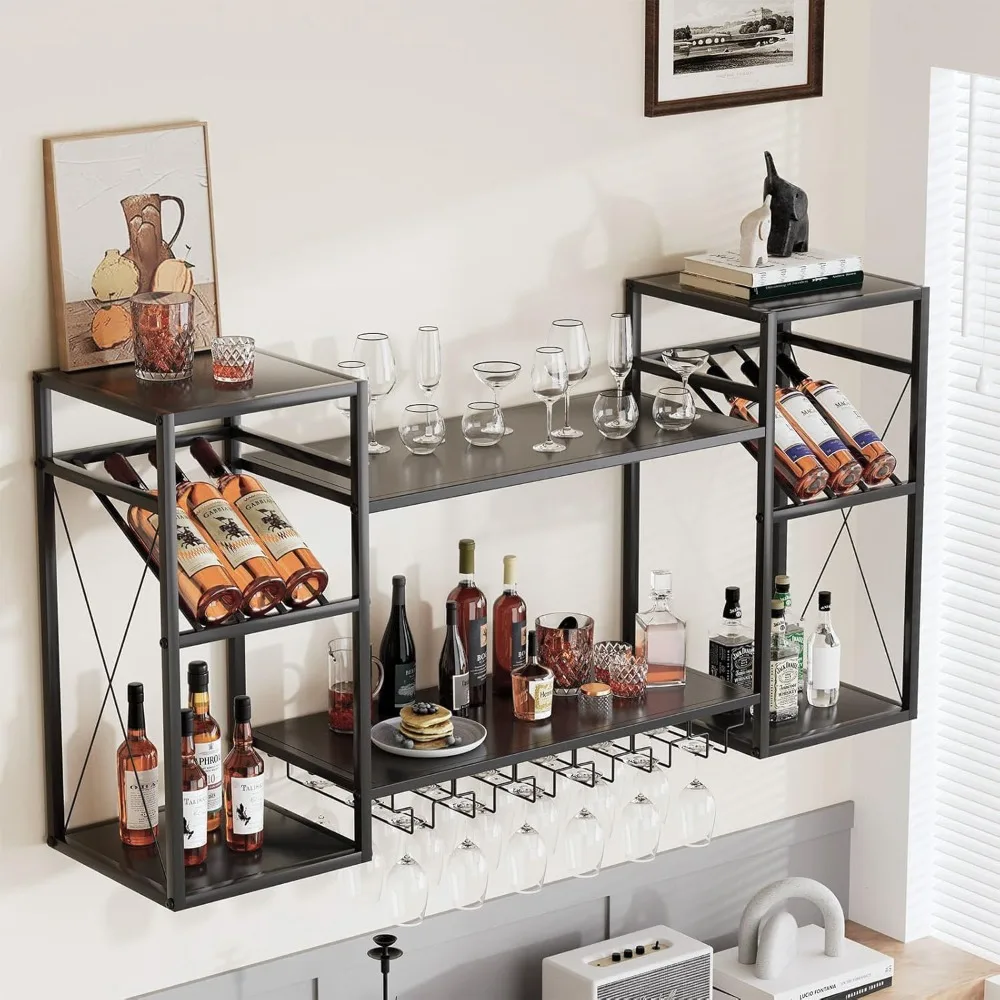 2 Tier Wine Rack Wall Mounted with Glass Holder, Metal Bar Floating Shelves Liquor Bottle Display Shelf Wine Glass Rack for Bar