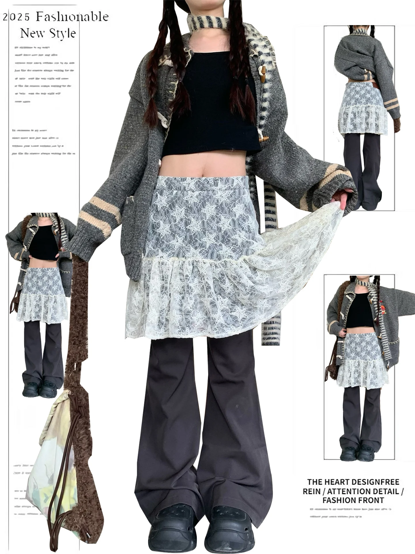 

American Retro Design Star Print Bell Bot Pants Loose Wrinkle Slimming Casual Trousers Fake Two-Piece High Waist Zipper Cl...