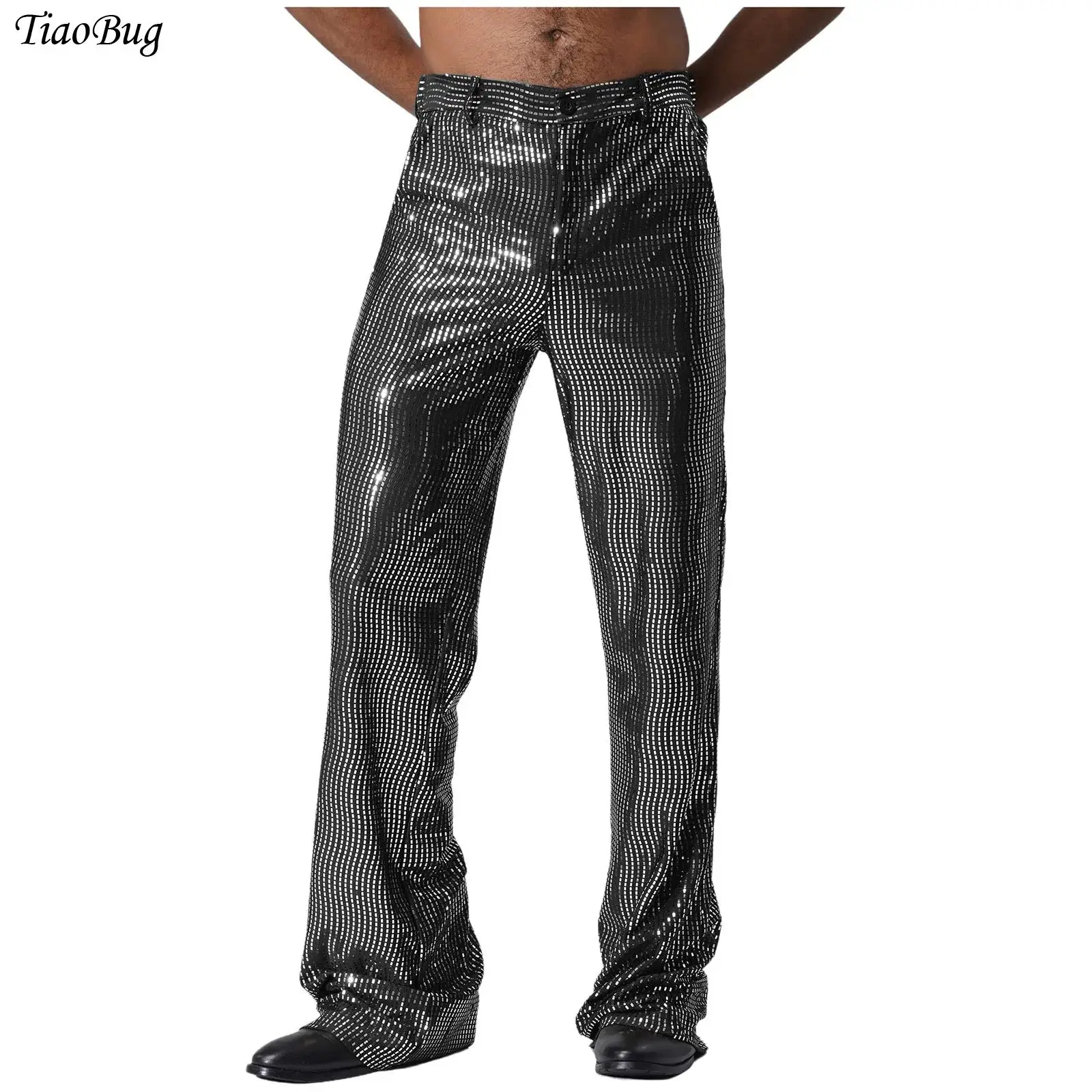 

Mens Retro 70s 80s Disco Dance Pants Allover Glittery Sequin Pockets Flared Long Pants Trousers Music Stage Performance Costume