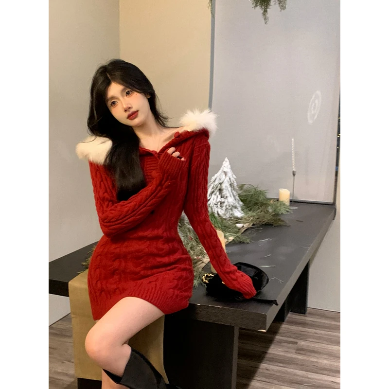 New Fashion Hooded Fur Collar Tight-fitting Dress 2026 Autumn/Winter Pure Desire Hot Girl Christmas Sexy Battle Dress for Women