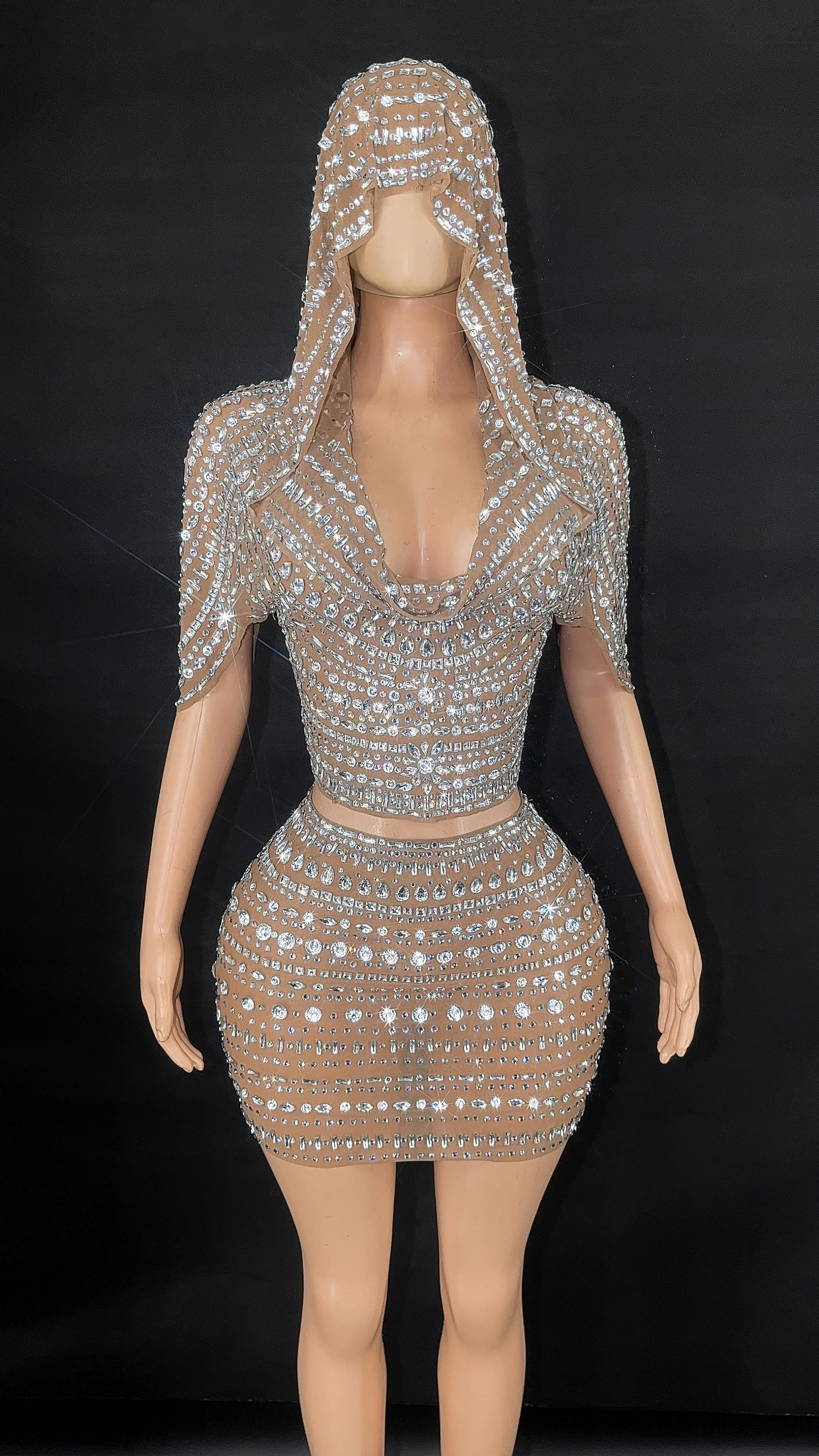 2025 New Sparkly Rhinestones Hoodie Top Mesh Mini Skirt 2PCS Women Sexy Celebrate Birthday Evening Prom PhotoShoot Stage Costume