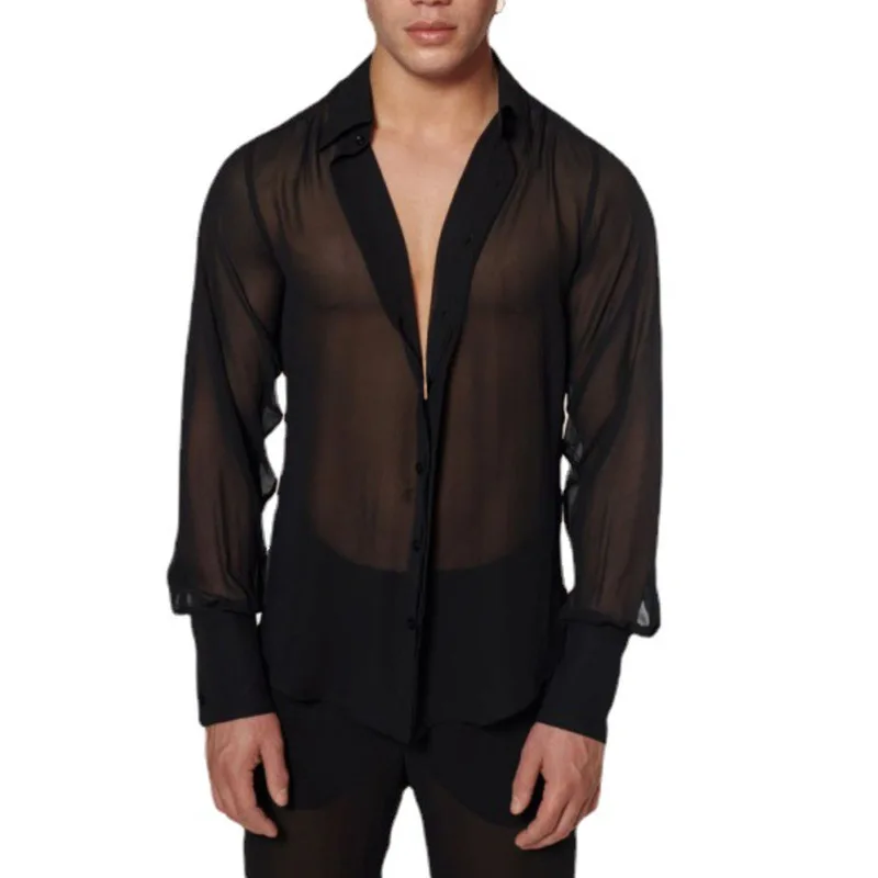 New spring and summer men's shirts thin casual lapel dense mesh personalized long-sleeved sexy see-through shirt funny shirts