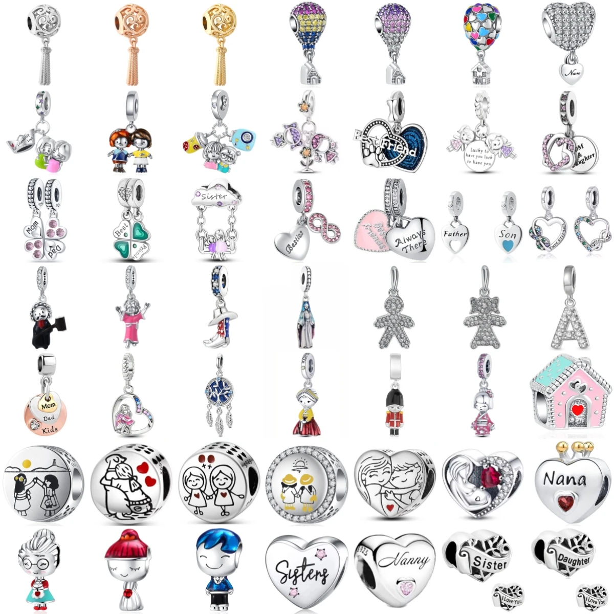 925 Sterling Silver Family Friendship Themed Dangle Charms Sister Mom Kids Heart Hot Air Balloon Pendant DIY Love Souvenir Gift