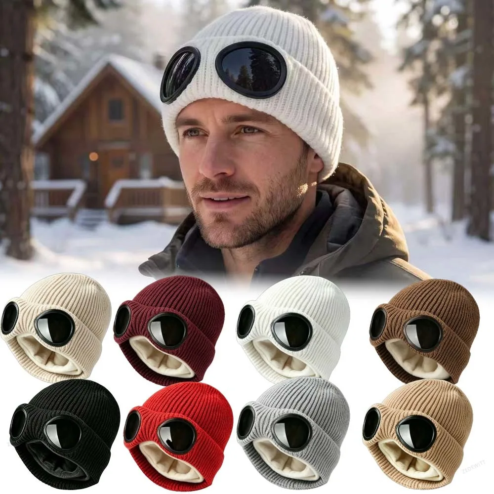 Built-in Goggles Winter Knitted Slouch Beanie Hat Thermal Fleece Lined Ear Flap Windproof Warm Cap for Men Women Outdoor