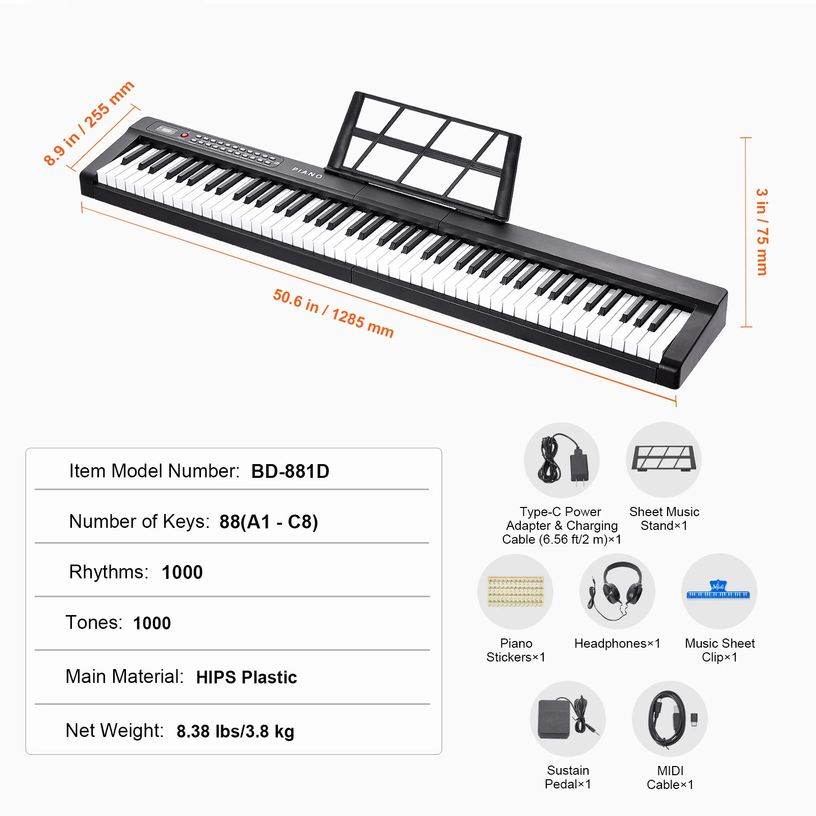 SucceBuy 88-toetsen digitaal pianotoetsenbord Semi-gewogen toetsen Volledig elektrisch draagbaar toetsenbord Pianoset 1000 tonen voor beginners