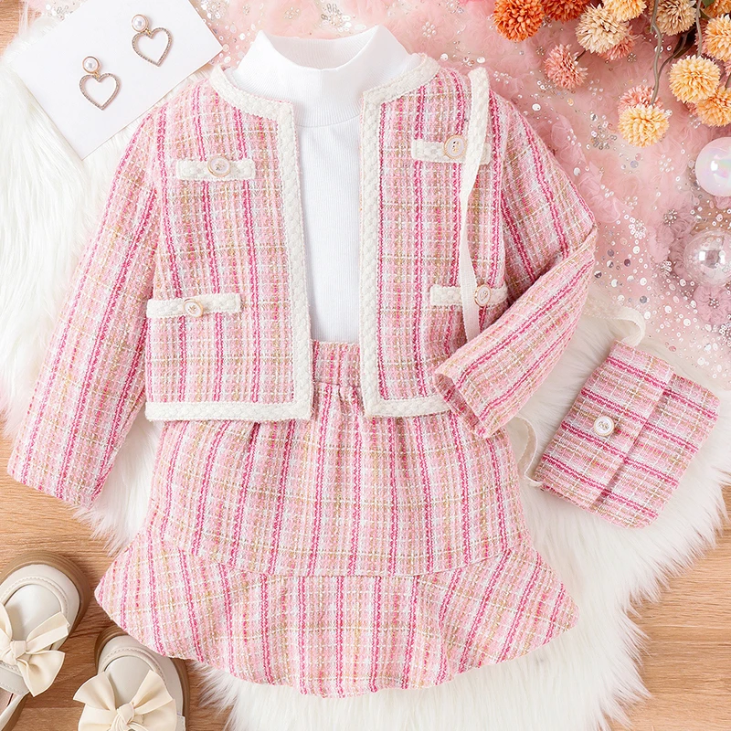 4-częściowe zestawy jesienne dziecięce ubrania dla dziewczynek koreańska moda Plaid księżniczka różowy tweedowy płaszcz + topy + spódnica + torba odzież butikowa dla dzieci BC525