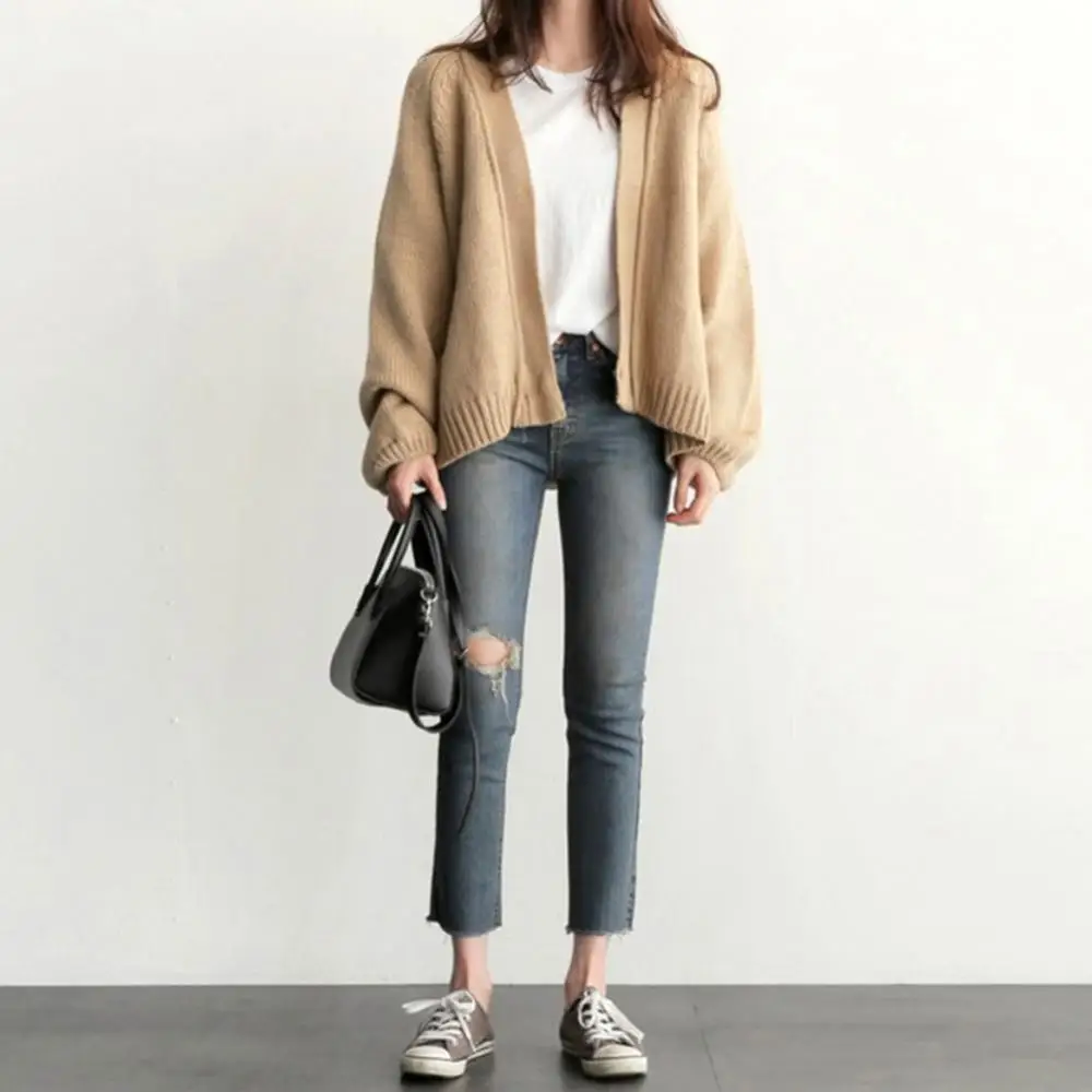 2021 Phụ Nữ Mùa Thu Ấm Dáng Rộng Màu Trơn Ngắn Đan Áo Len Choàng Thời Trang Mùa Đông Harajuku Veste Femme