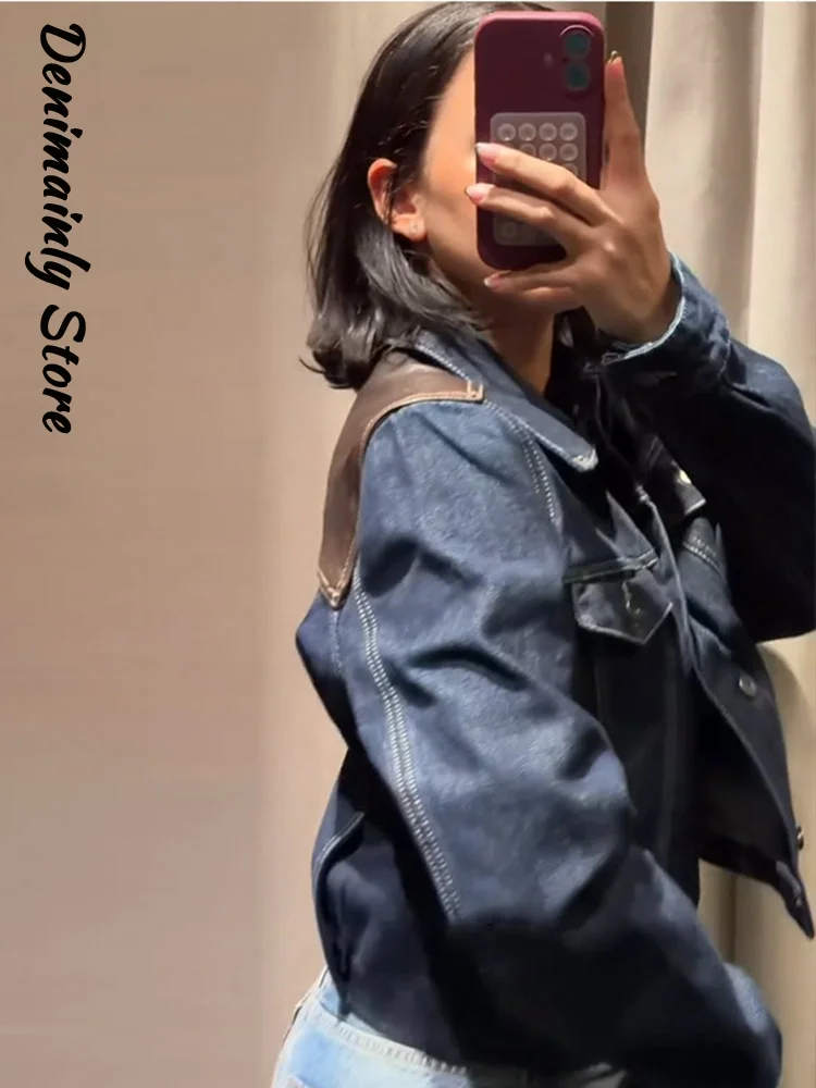 Fashion Leather Patchwork Denim Jacket Women Lapel Long Sleeve Single Breast Pocket Slim Coat 2026 Spring Lady All-match Outwear