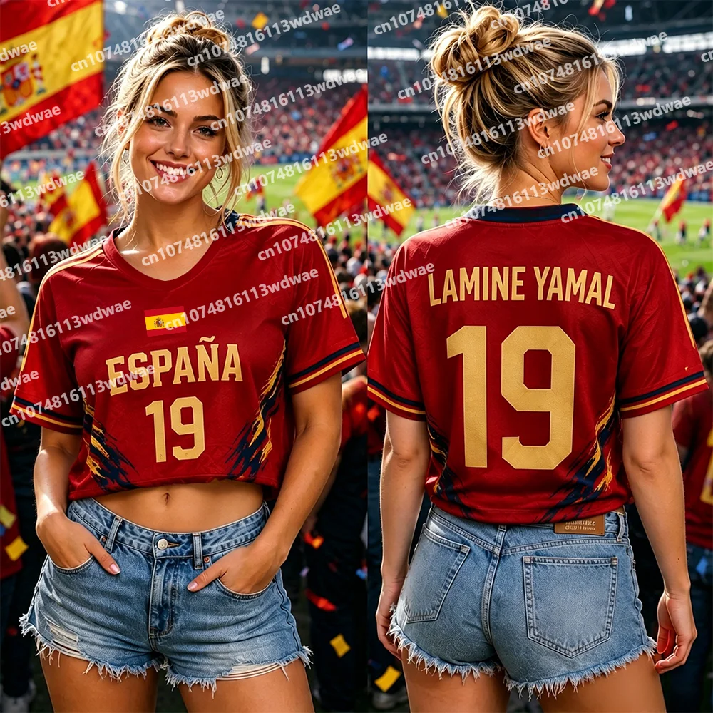 Spain Style clothing Women Football Jersey Lamine Yamal 19 Jersey Short Sleeve Jersey Cheerleaders Crop Top T-shirt Kid Tshirt