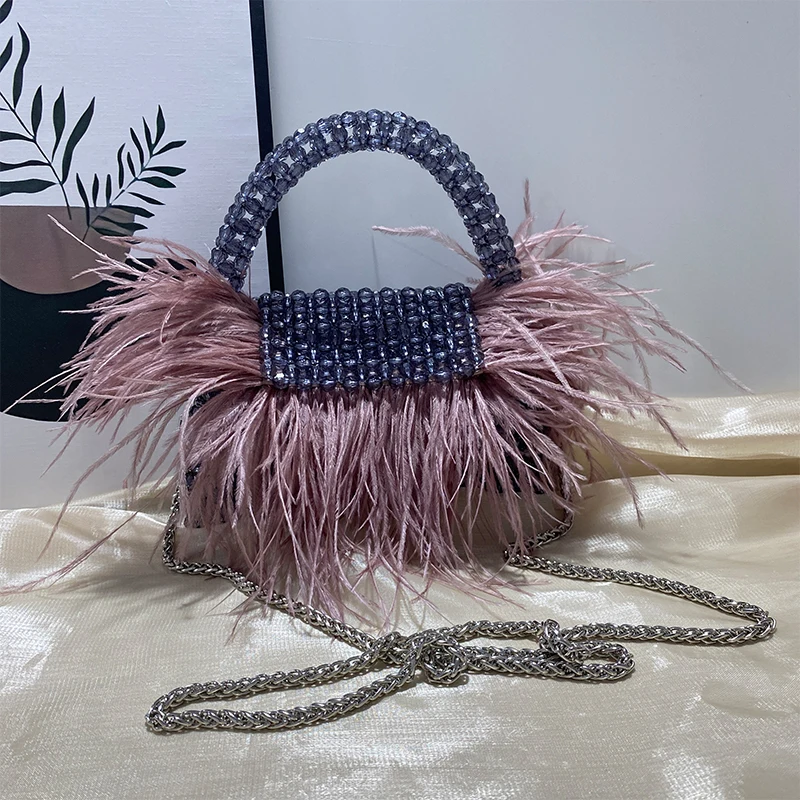 High Quality Feather Decoration Women\'s Bag Customized Female Designer Handmade Beaded Handbag Luxurious Party Banquet Bags