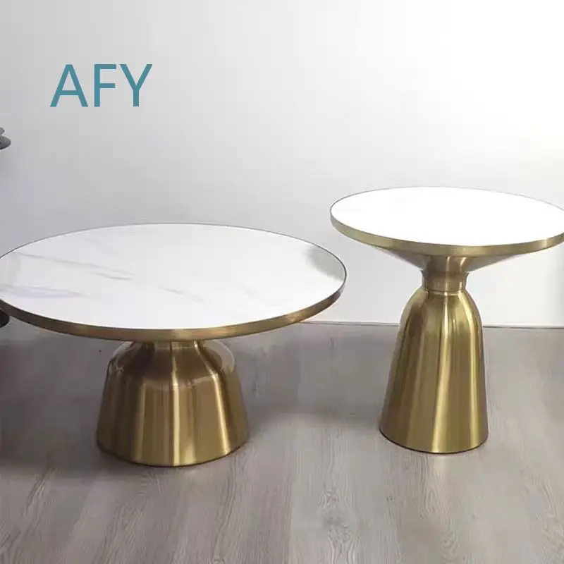 Stone Texture Round Coffee Table Set for Sofa Living Room Side Table Low High Small Dining Table Stainless Steel Luxury