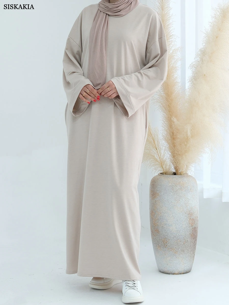 Fashion Muslim Abayas Solid O-Neck A-Line Long Dresses Urban Casual Women Robe Jalabiyat Moroccan Saudi Clothing With Pockets