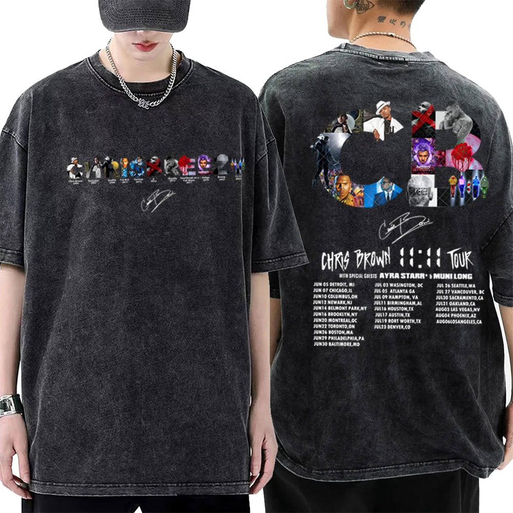 Chris Brown 11:11 Tour 2024 Retro Style Washed Tshirt Chris Brown Merch Black Washed Shirt