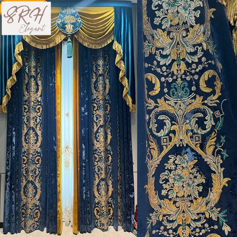 Customized European Style Villa Blue Embroidery Screen Velvet Splicing Thickened Curtains For Living Room Bedroom French Window