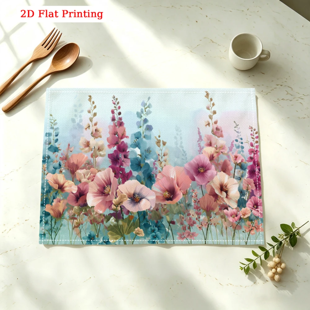 Pastel Floral Meadow Scene Print Kitchen Placemat Coaster Linen Pad Dish Coffee Cup Table Mat 30x40cm Home Decor