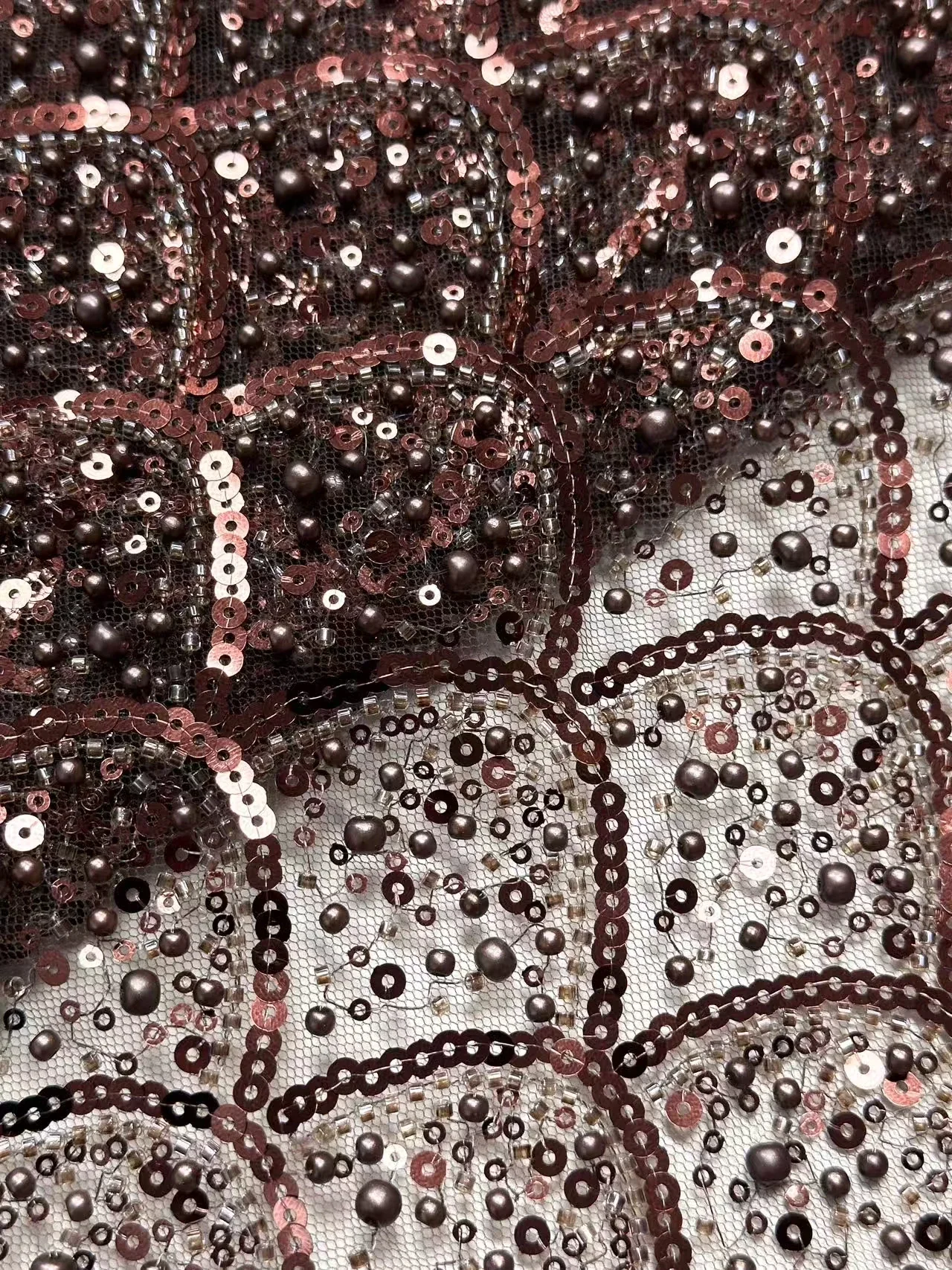 Brown African Handmade Beads Lace Fabric High Quality Nigerian Sequins French Tulle Fabric Material For Wedding Dress TP1651