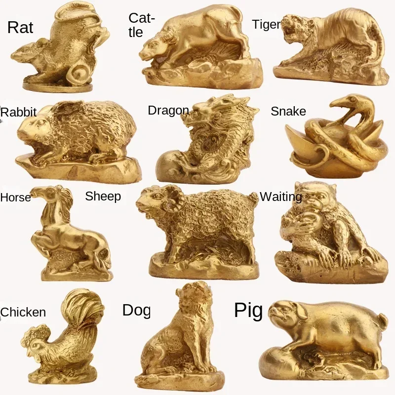 Chinese Zodiac Twelve Statue Copper Animal Ornament Rat Ox Tiger Rabbit Dragon Snake Horse Sheep Monkey Chicken Dog Pig Figure