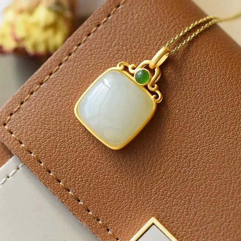 Natural Hetian White Jade Geometric Square Pendant Necklace Chinese Style Retro Palace Elegant Charm Lady Jewelry