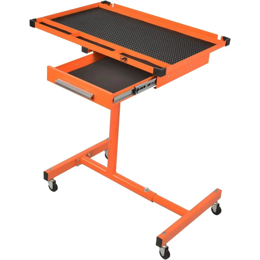 A018A Heavy-Duty Adjustable Work Table with Drawer & Wheels, Mechanic Tray,Mobile Rolling Tool Table, Orange