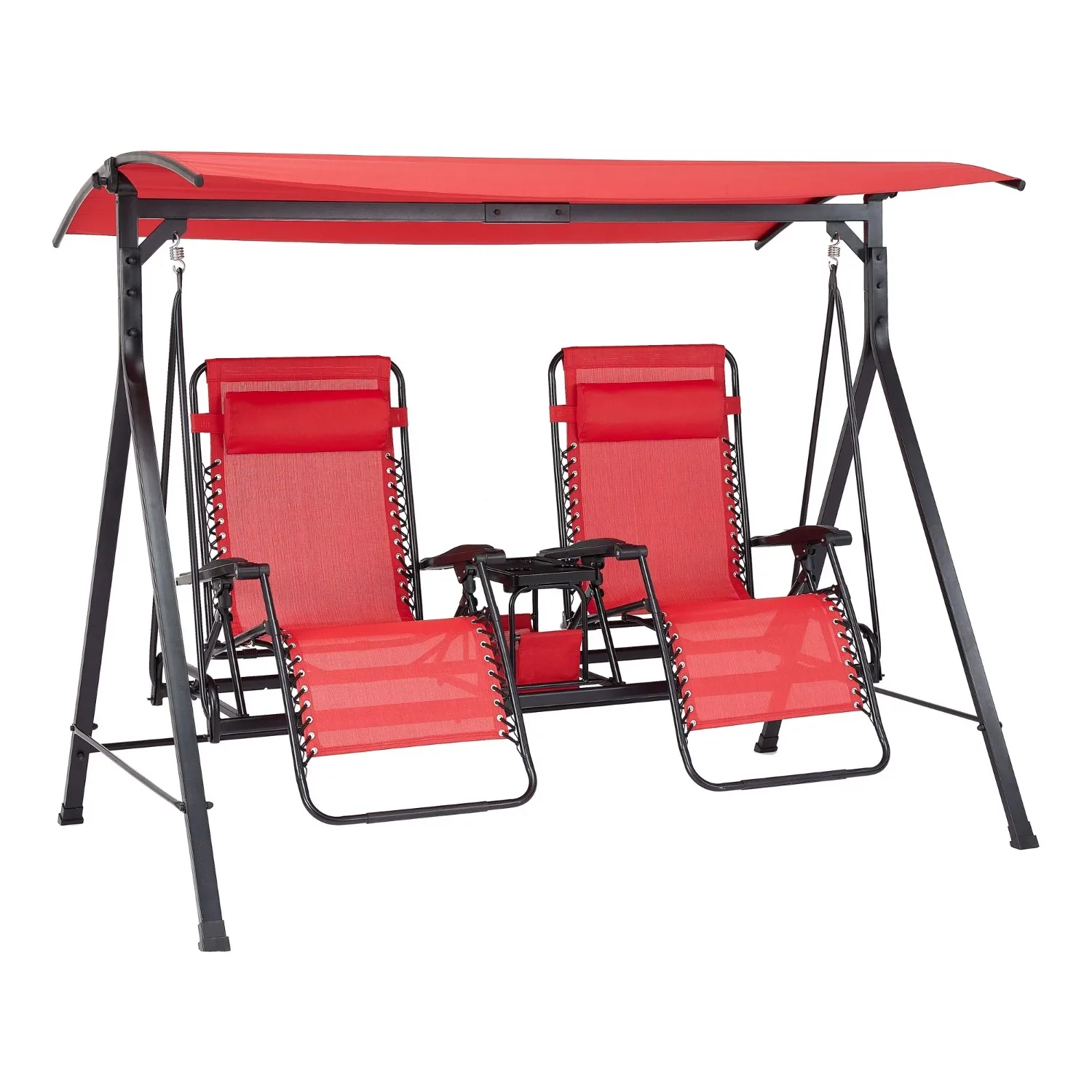 Mainstays 2-Seat Reclining Oversized Zero-Gravity Swing with Canopy and Center Storage Console, Red/Black