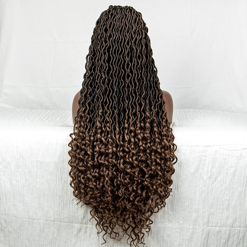 Lace Front Synthetic Faux Locs Wig Curly Ends 9x6 Lace Curly Faux Locs Wig 32 Inch Knotless Long Curly Afro Box Braided Wig