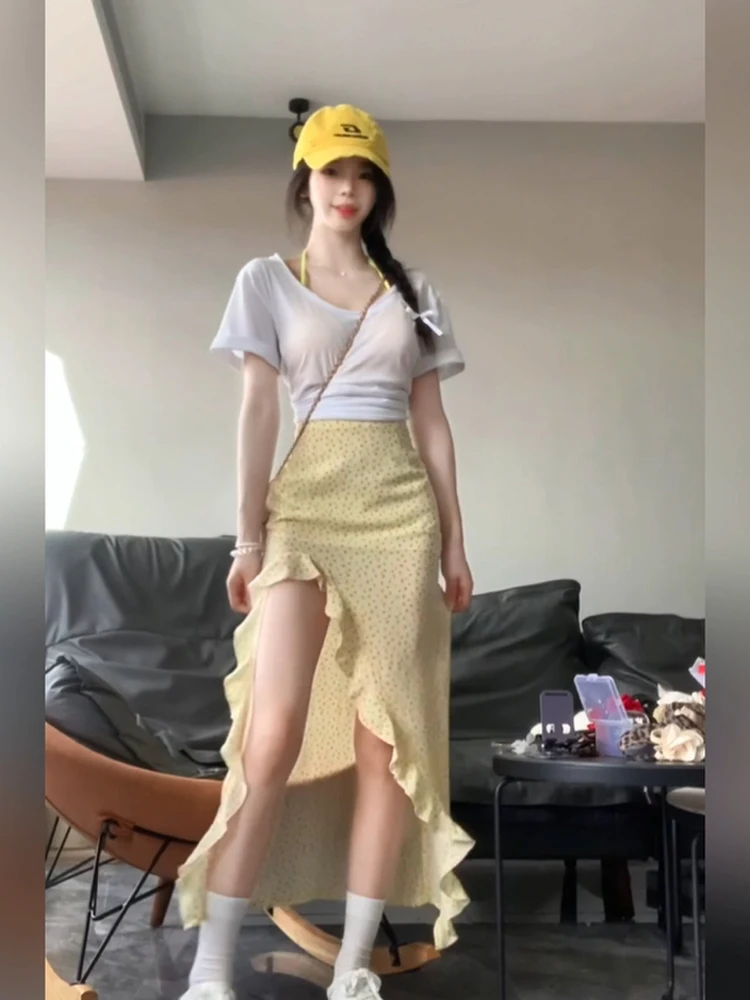 

White Floral Lace Hem Split High Waist f Skirt Set for plus Size Women SYJ u Home Comfortable Casual Korean Sle