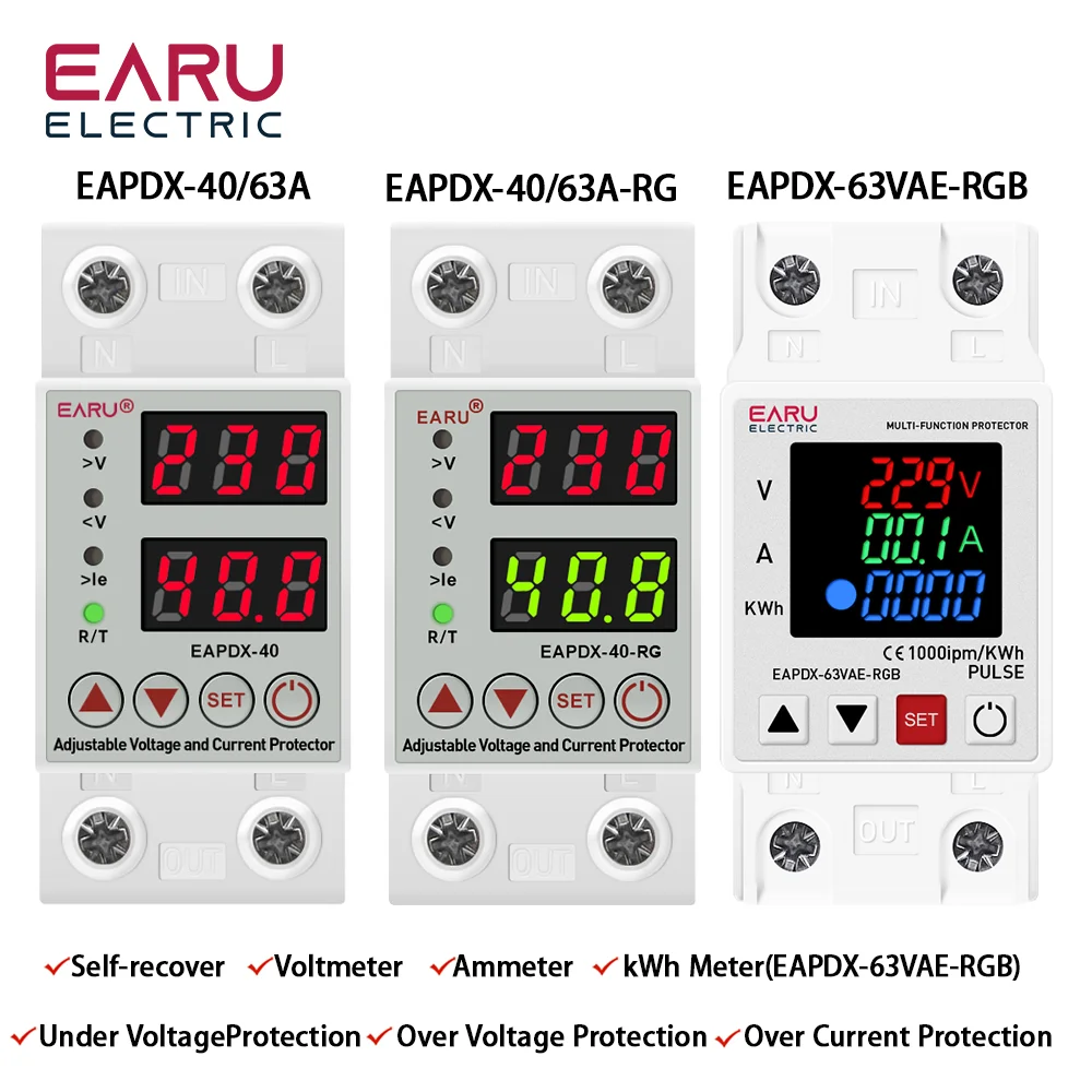 DIN Rail Mounted 40A 63A 230V Adjustable over under Voltage And Current Protection Relay for kWh Energy Meter