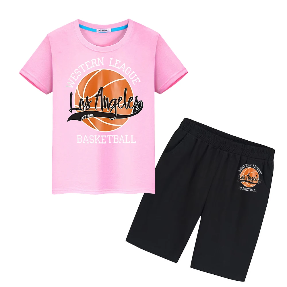 

Basketball Print 100%Cotton T-shirt Cute Tees Summer Sports Sets Tops+shorts Kawaii Tshirts kid holiday gift boys girls clothes