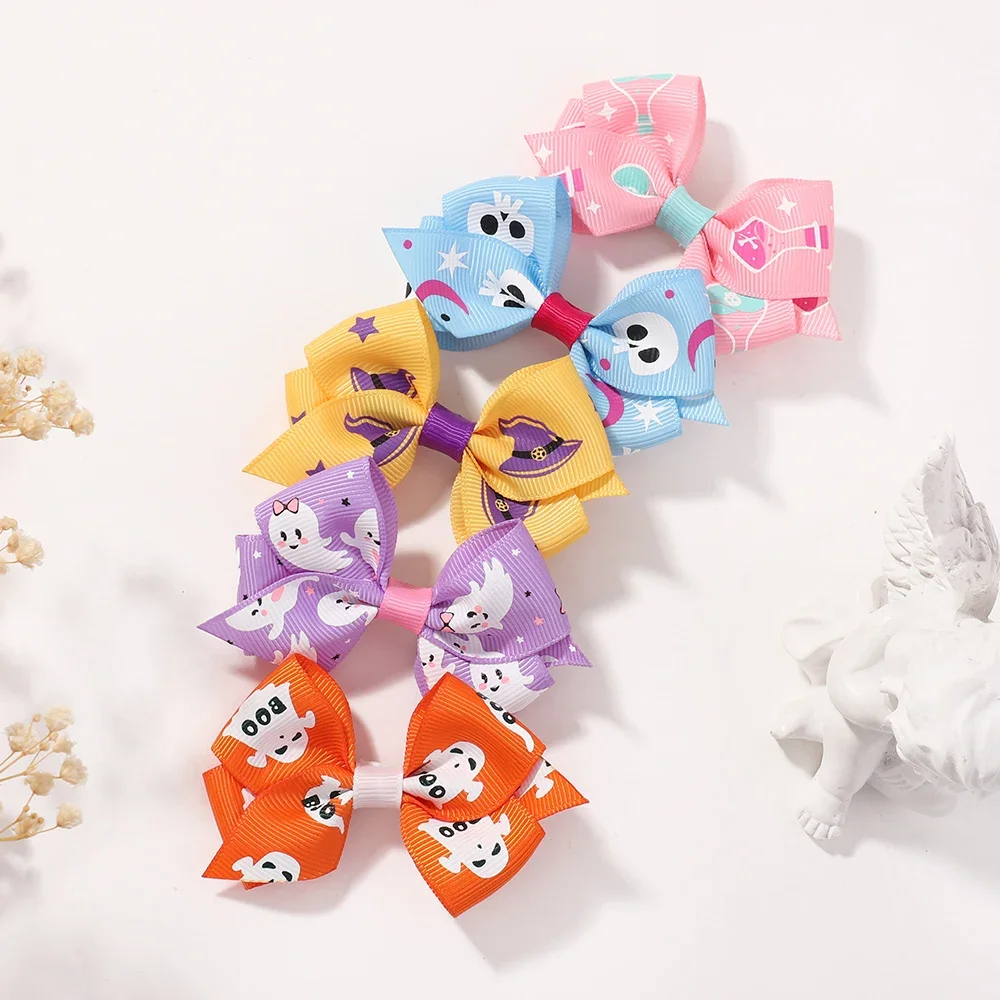 

2Pcs/Set Cartoon Printed Ribbon Bow Hair Clips for Girls Halloween Party Dress up Headwear Hairpin Ornament Hair Accessories