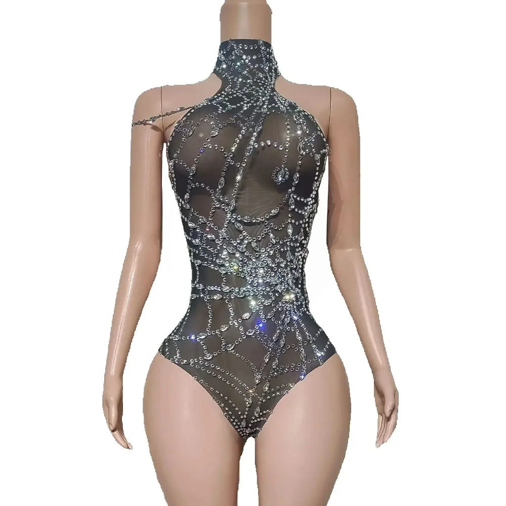 

New Sparkly Diamond Sexy Mesh Stretch Bodysuit Women Evening Nightclub Bar Birthday Party Show Gogo Dancer Photoshoot Stage Wear