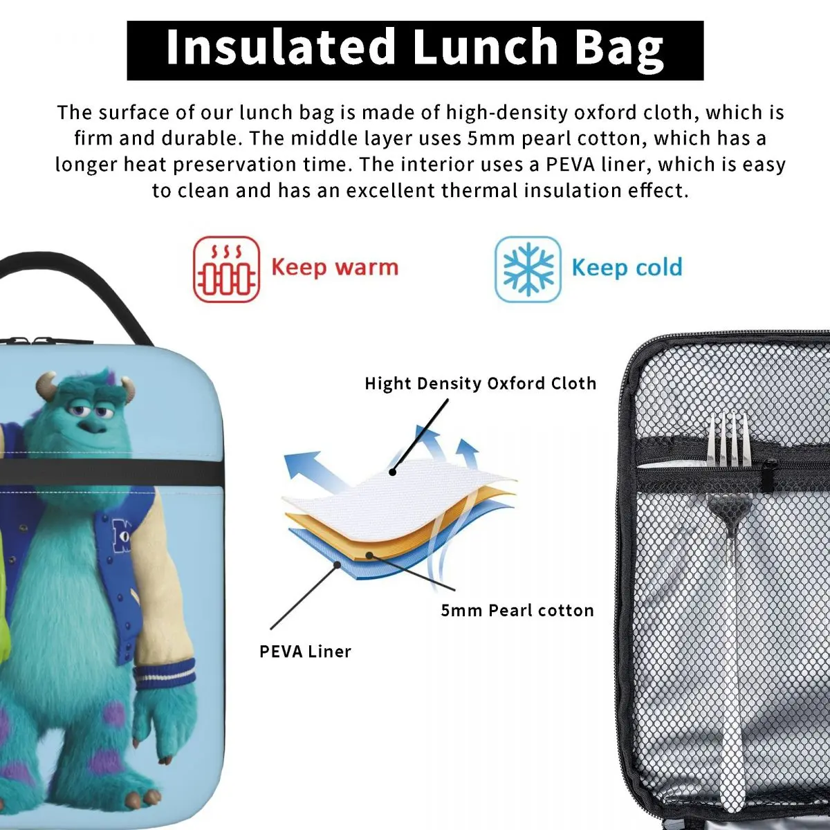 Monsters Inc. Sulley Holding Mike Insulated Lunch Bags Cooler Lunch Container High Capacity Lunch Box Tote Food Storage Bags