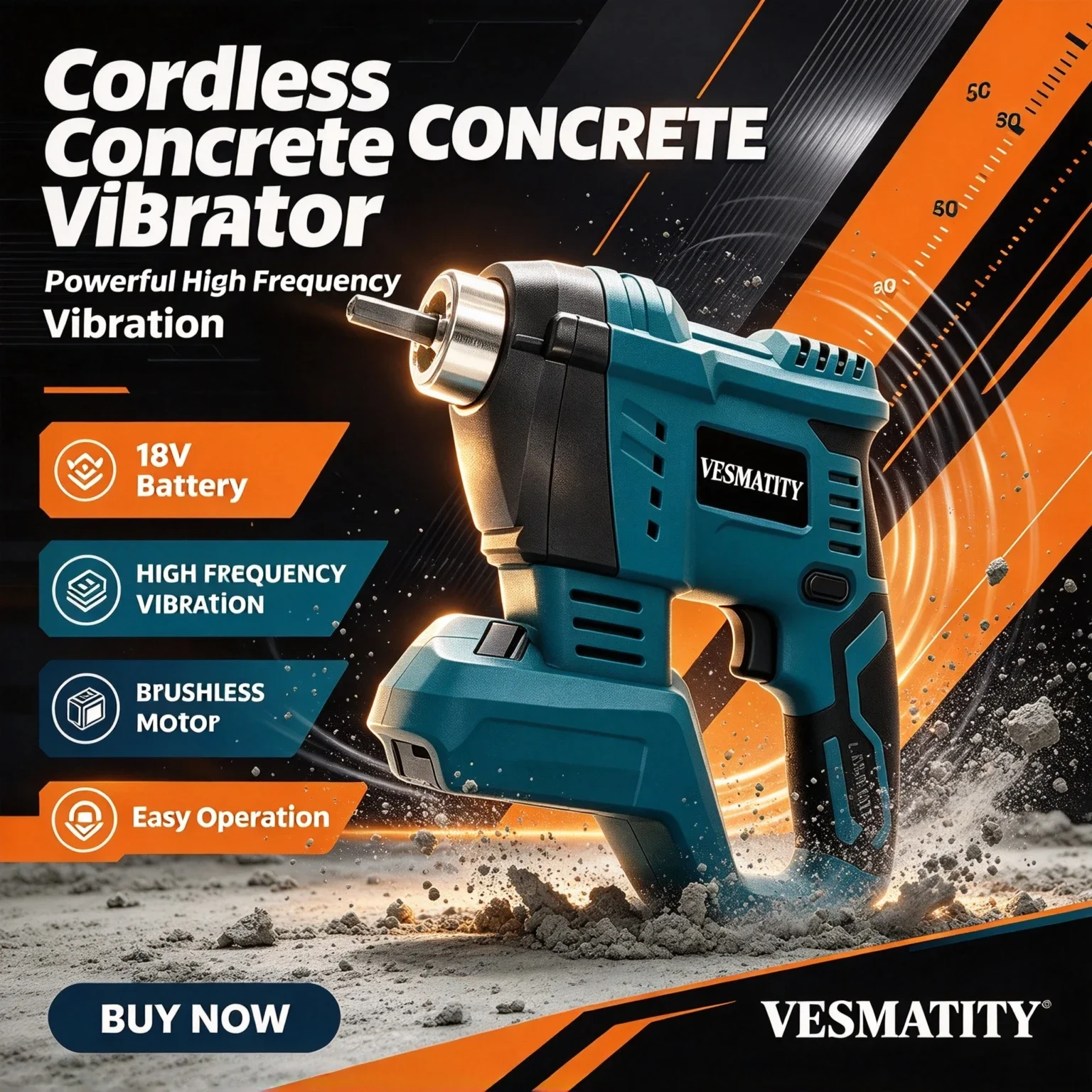 Vesmatity Unit Concrete Vibrator Brushless High Power Heavy Duty Cordless Compactor Tool 20V Battery Max Set