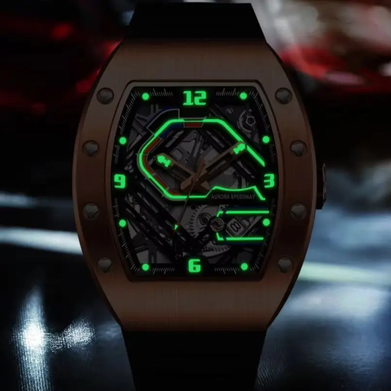 HANBORO Men Automatic Watch 50.5mm Mechanical Wristwatch Luminous Tonneau Case Waterproof Skeleton Racing Track Dial Miyota 9015