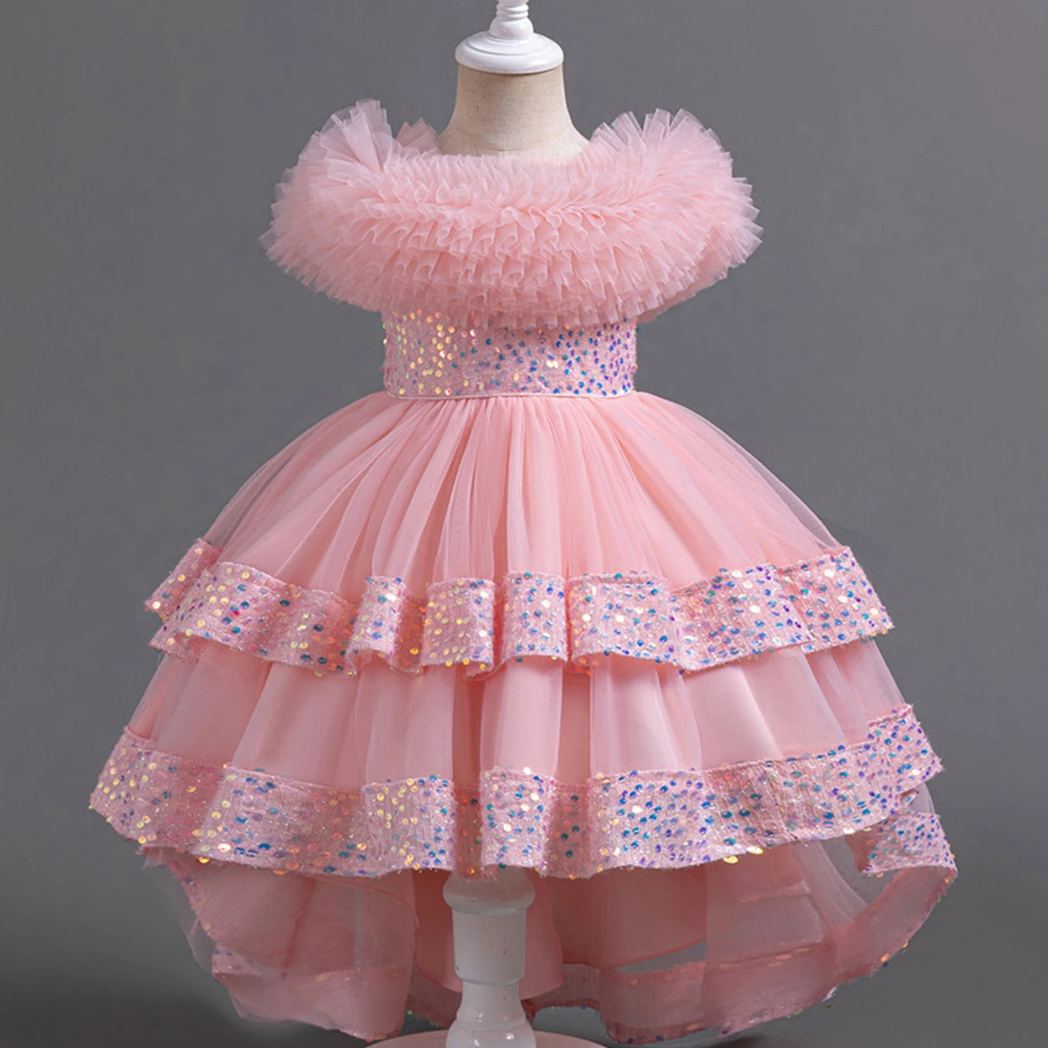 Impresionante vestido alto-bajo de lentejuelas para niñas pequeñas y grandes, vestido de ceremonia de graduación, fiesta de cumpleaños, niña de flores