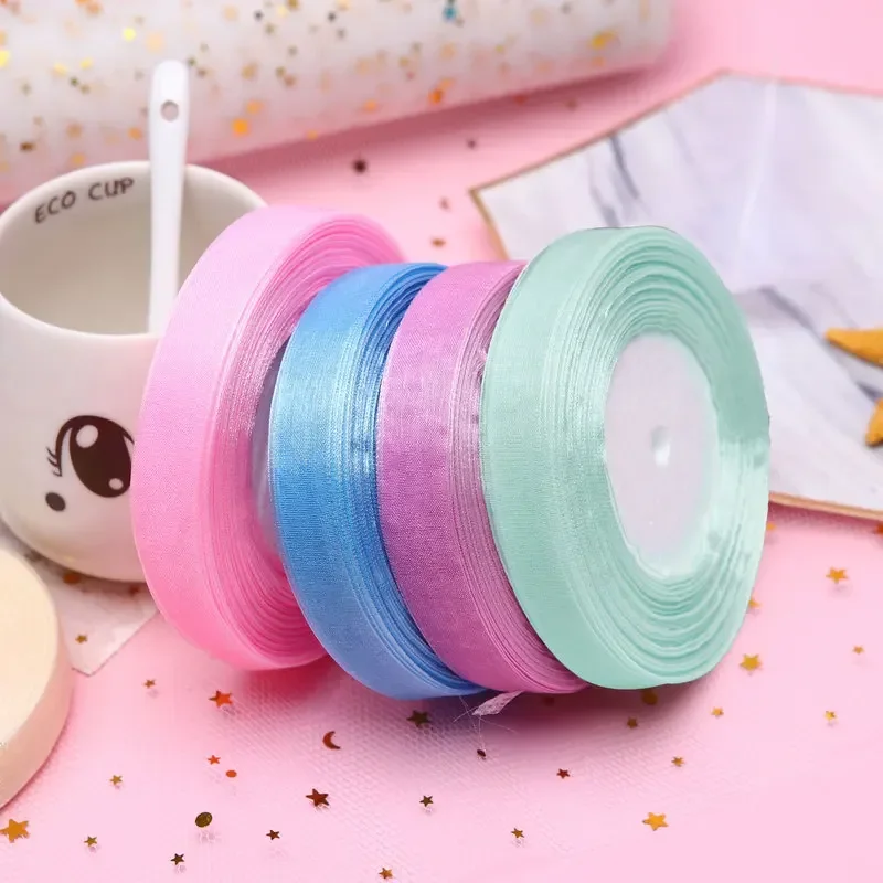 15 مللي متر 50 ياردة/لفة أشرطة الأورجانزا هدية حفل زفاف عيد الميلاد الديكور التفاف الدانتيل اليدوية DIY بها بنفسك النسيج شريط شيفون أبيض