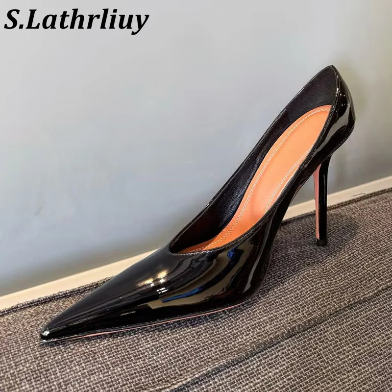 

Spring Autumn Pointed Toe Patent Leather Solid Color Pumps Women's Shallow Mouth British Style High Heels Daily Commuting Shoes