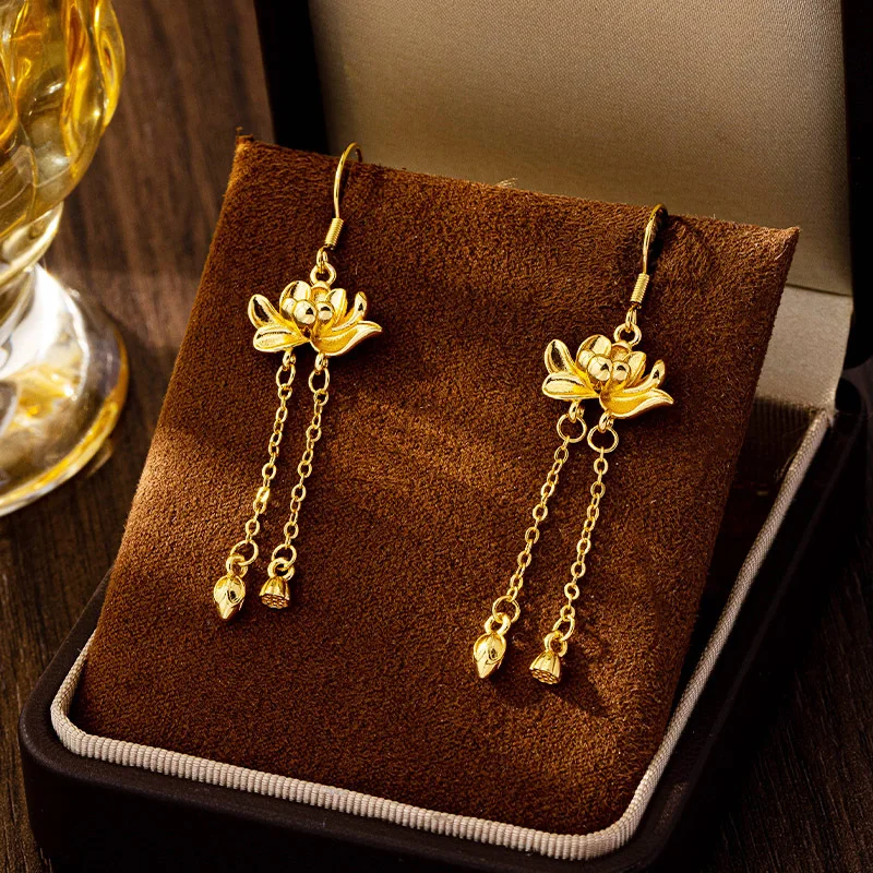 

Luxury 24K 9999 Pure Gold real gold Women's three-dimensional lotus earrings vintage flower bud tassel ear hook