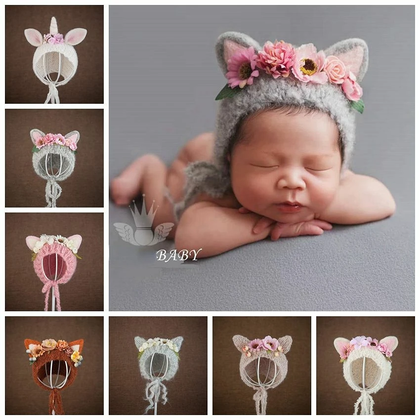 

Newborn Photography Handmade Flower Ear Bonnet Hat for Newborn Baby Girl Photo Prop Photography Accessory