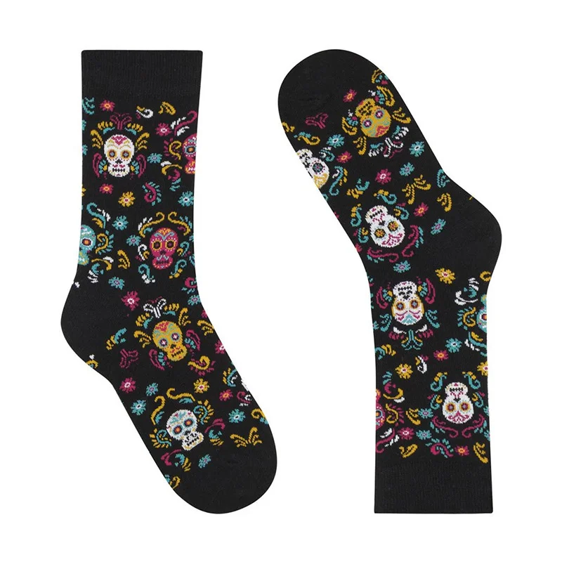 Retro Gothic Colorful Skull Cartoon Skeleton Cotton Crew Socks Unisex Women Men Halloween Day of the Dead Socks Festival Gifts