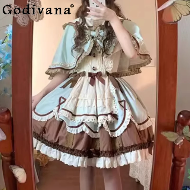 

Spring Summer New Green Cute Girl Elegant Lolita JSK Dress Sweet Peter Pan Collar Short Sleeve Shirt Fashion Versatile Cape Sets